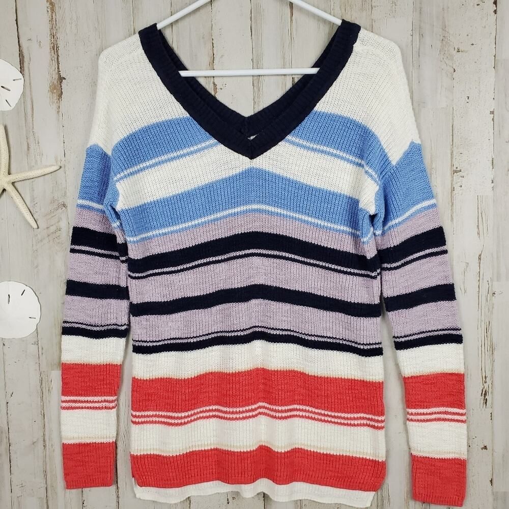 Maurices Striped V-neck Sweater Red White Blue Size XS